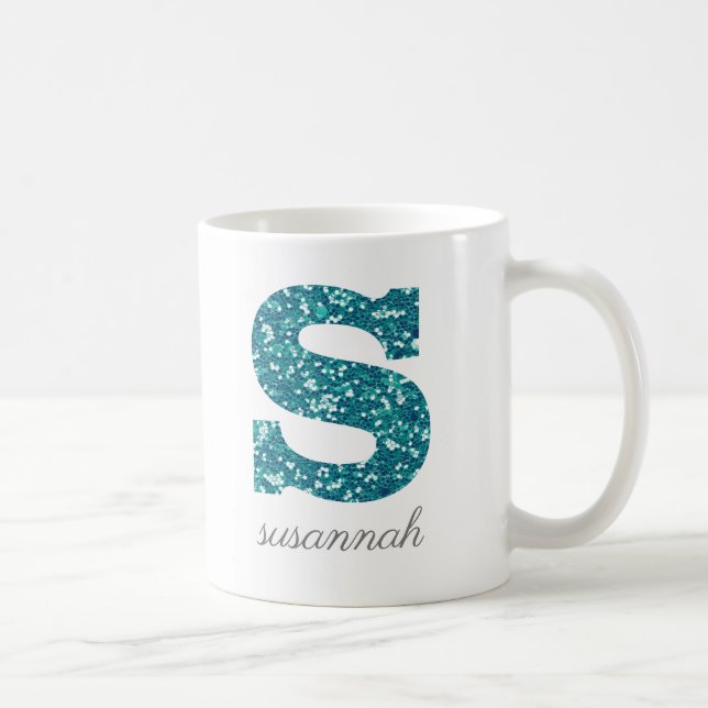 Teal Glitter Monogram S Personalized Mug (Right)