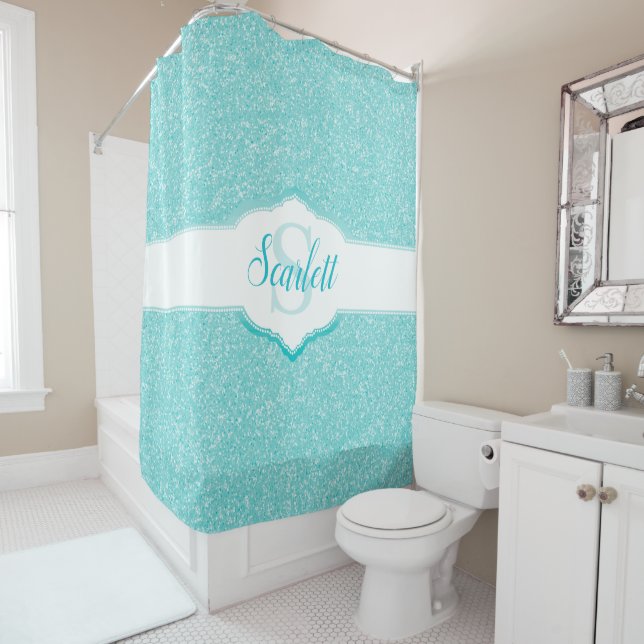 Teal Glitter Monogram Shower Curtain (In Situ)