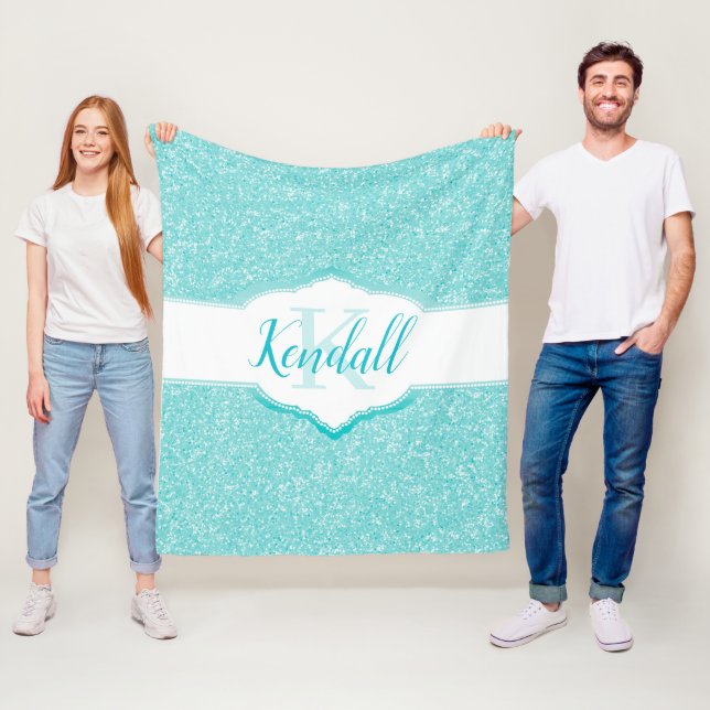 Teal Glitter Monogram Throw Blanket (In Situ)