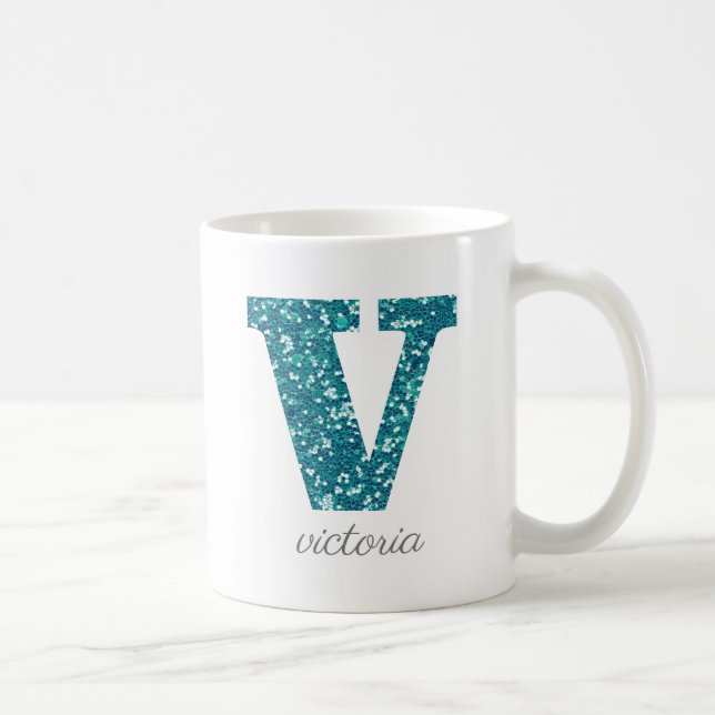 Teal Glitter Monogram V Personalized Mug (Right)