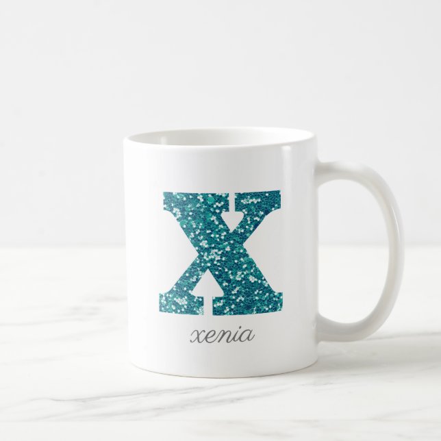 Teal Glitter Monogram X Personalized Mug (Right)