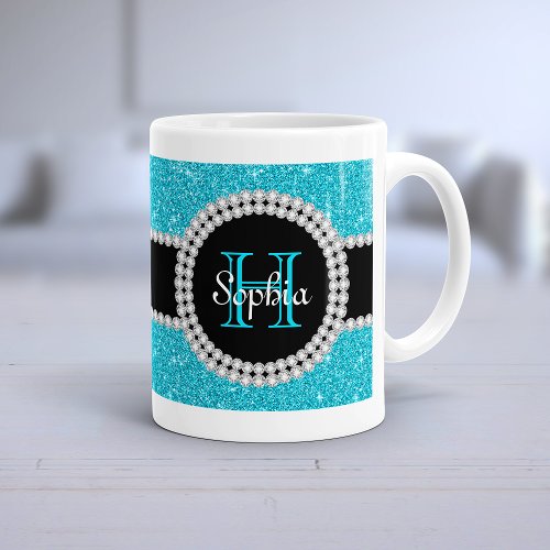 Teal Glitter Monogrammed Coffee Mug