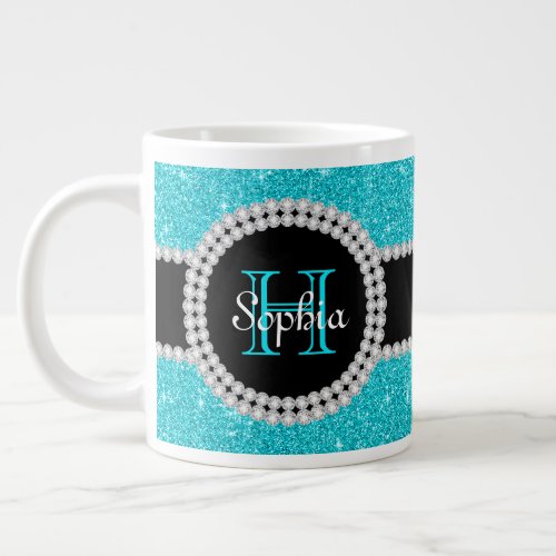 Teal Glitter Monogrammed Jumbo Coffee Mug