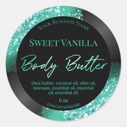 Teal Glitter On Black Body Butter Labels