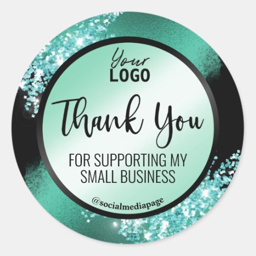 Teal Glitter On Black Thank You Logo Classic Round Sticker