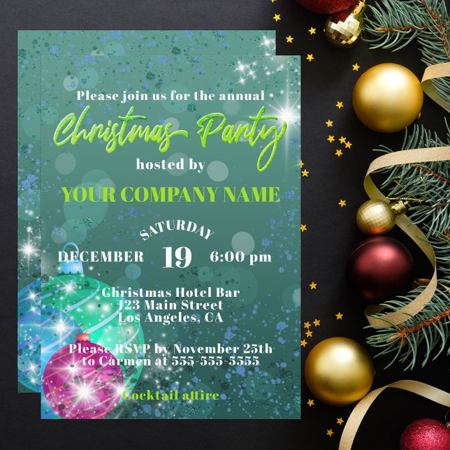 Teal Glitter Ornaments Corporate Holiday Party Invitation (Creator Uploaded)