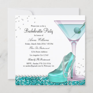 Teal Glitter Pearl Bachelorette Party Invite
