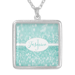 Teal Glitter Personalize Silver Plated Necklace