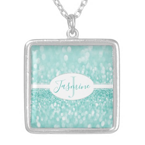 Teal Glitter Personalize Silver Plated Necklace