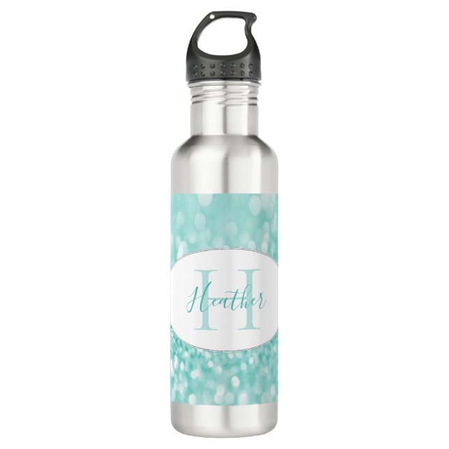 Teal Glitter Personalize Water Bottle (Front)