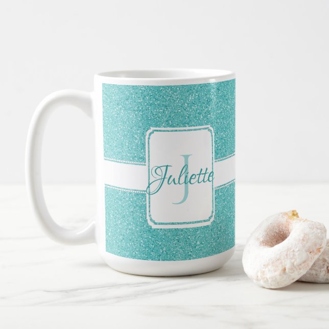 Teal Glitter Personalized Coffee Mug (With Donut)