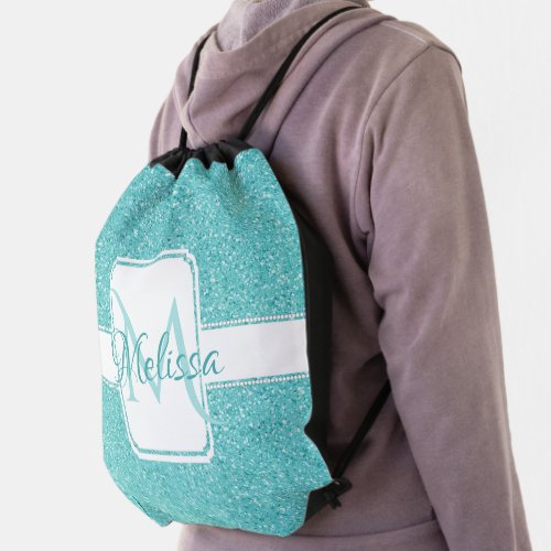 Teal Glitter Personalized Drawstring Backpack