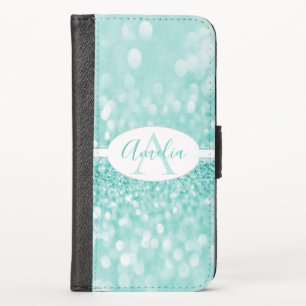 Teal Glitter Personalized iPhone Wallet Case