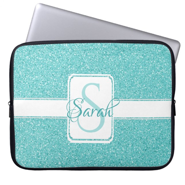 Teal Glitter Personalized Laptop Sleeve (Front)