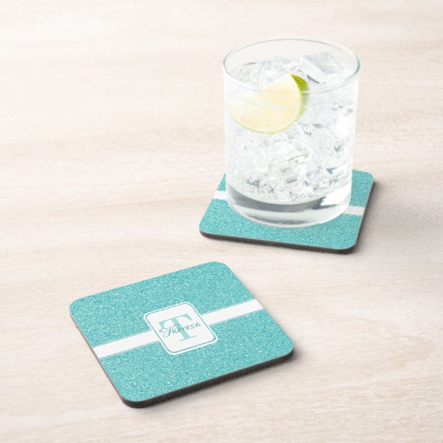 Teal Glitter Personalized Plastic Coaster (Right Side)
