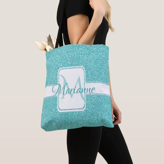 Teal Glitter Personalized Tote Bag (Close Up)