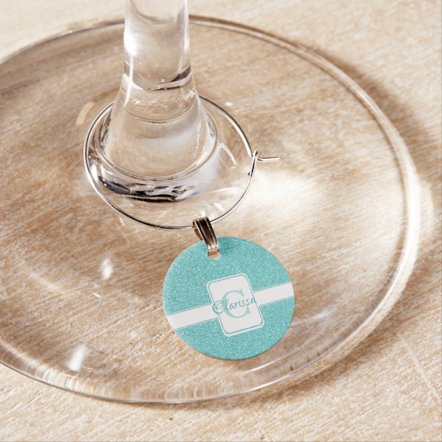 Teal Glitter Personalized Wine Charm (In Situ)