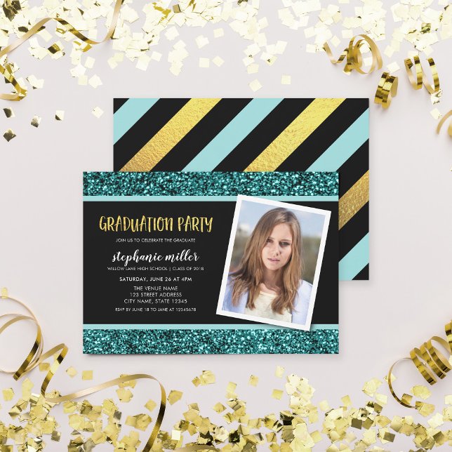 Teal Glitter Photo Graduation Party Invitation (Creator Uploaded)