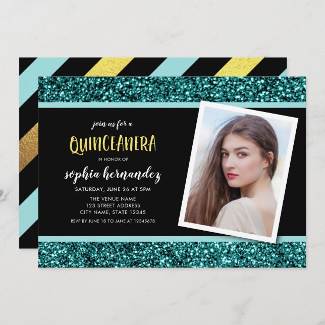 Teal Glitter Photo Quinceanera Invitation (Front/Back)