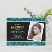 Teal Glitter Photo Quinceanera Invitation (Standing Front)