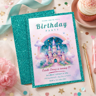 Teal Glitter Princess Castle Birthday Party Invitation