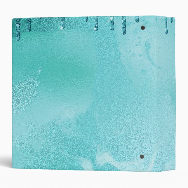 Teal Glitter Rain on Luxury Metal Marble 3 Ring Binder (Back/Spine)