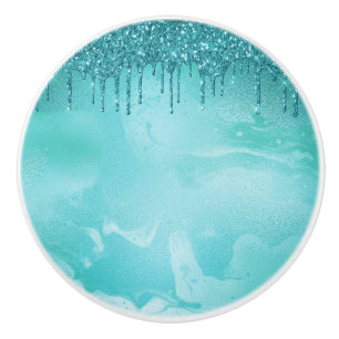 Teal Glitter Rain on Luxury Metal Marble Ceramic Knob