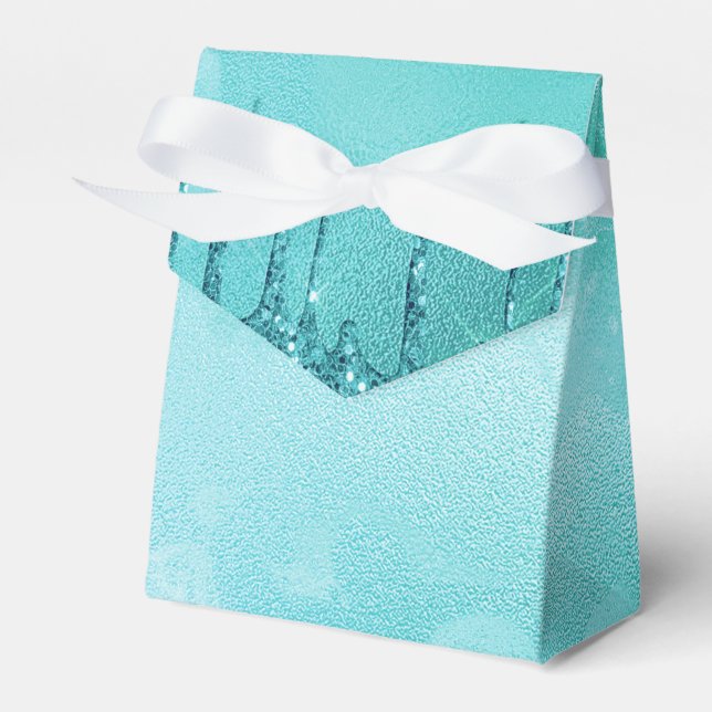 Teal Glitter Rain on Luxury Metal Marble Favor Boxes (Front Side)