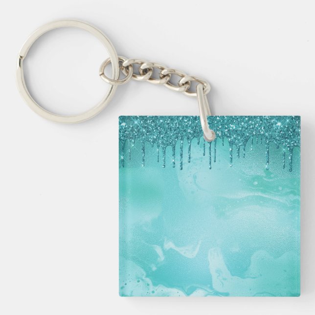 Teal Glitter Rain on Luxury Metal Marble Keychain (Front)