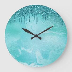 Teal Glitter Rain on Luxury Metal Marble Large Clock