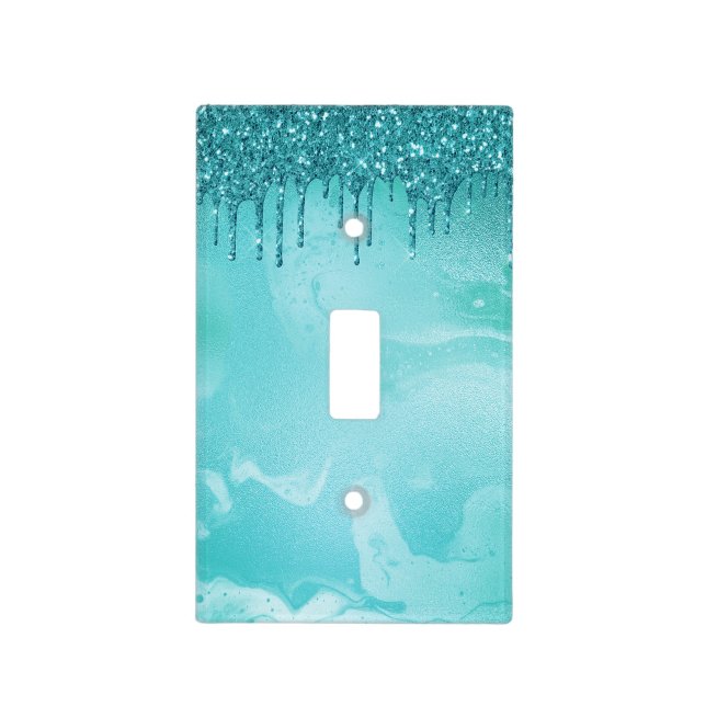 Teal Glitter Rain on Luxury Metal Marble Light Switch Cover (Front)
