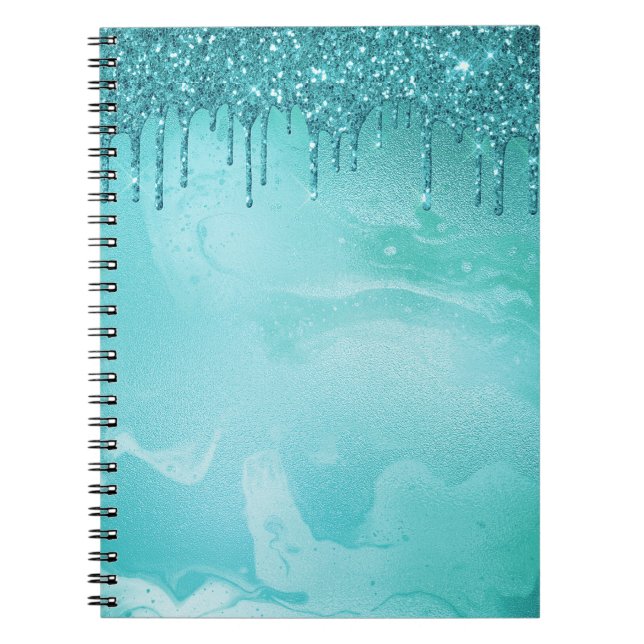 Teal Glitter Rain on Luxury Metal Marble Notebook (Front)