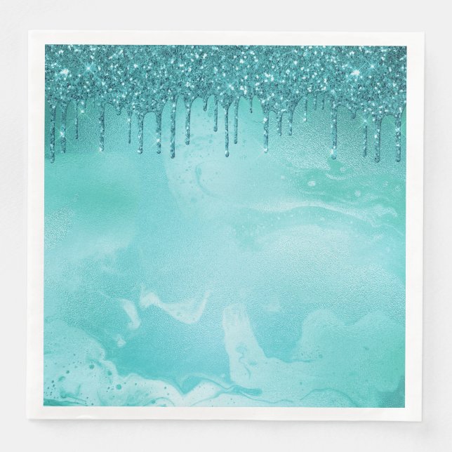 Teal Glitter Rain on Luxury Metal Marble Paper Dinner Napkins (Front)