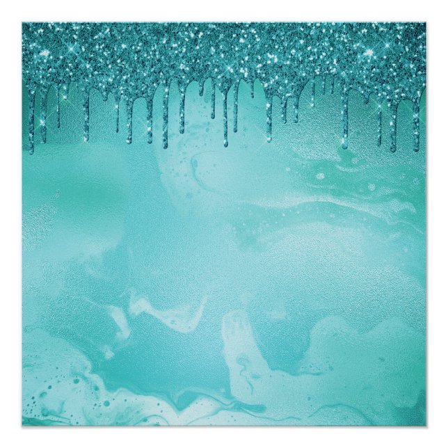 Teal Glitter Rain on Luxury Metal Marble Poster (Front)