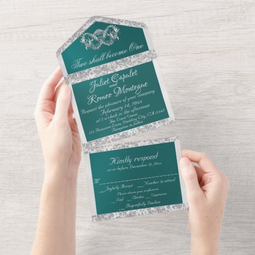 Teal Glitter Ribbon Border  Double Hearts All In One Invitation