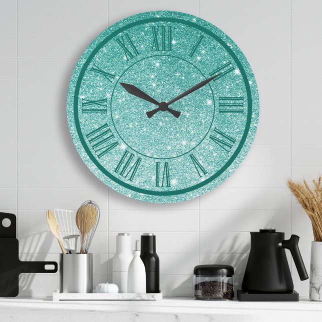 Teal Glitter Roman Numeral Sparkle Girly Large Clock (Creator Uploaded)