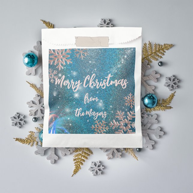 Teal Glitter Rose Gold Snowflake Holiday Party Favor Bag (Creator Uploaded)