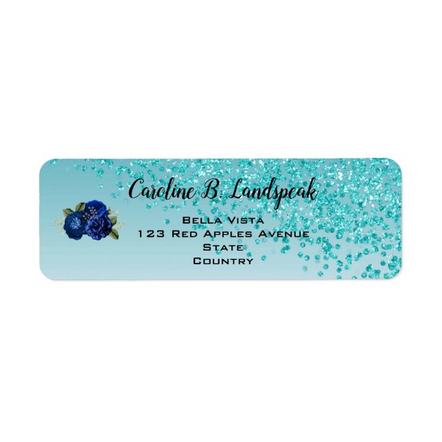 Teal Glitter, Royal Blue Roses Sweet 16 Label (Front)