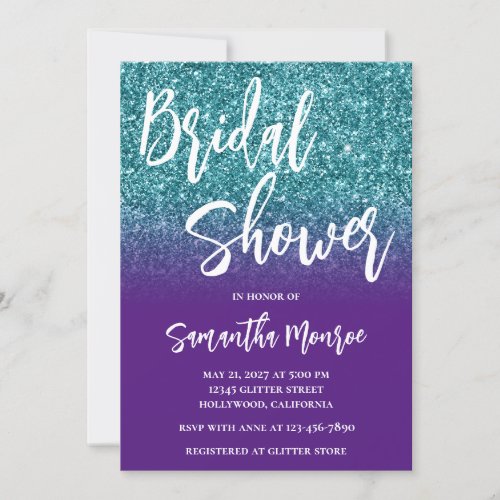 Teal Glitter Royal Purple Gradient Bridal Shower Invitation