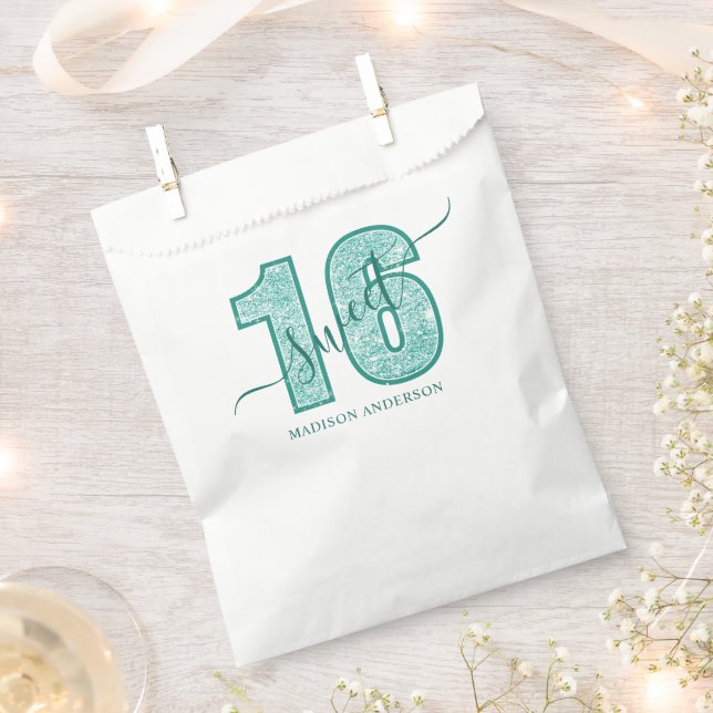Teal Glitter Script Sweet 16 Birthday Favor Bag (Clipped)