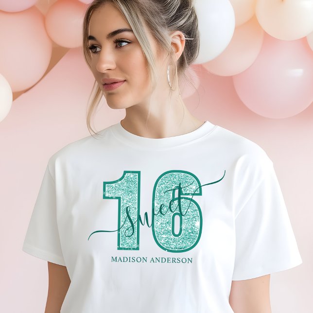 Teal Glitter Script Sweet 16 Birthday Tri-Blend Shirt (Creator Uploaded)