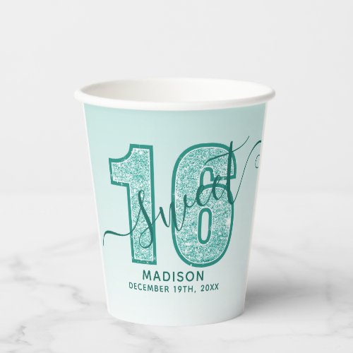 Teal Glitter Script Sweet 16 Sixteenth Birthday Paper Cups