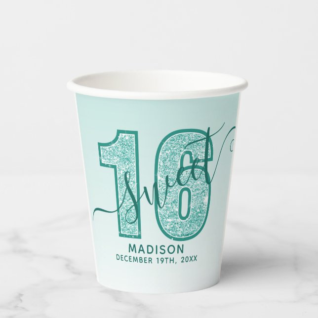 Teal Glitter Script Sweet 16 Sixteenth Birthday  Paper Cups (Front)