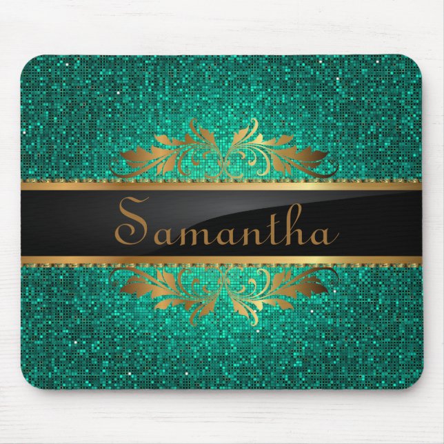 Teal Glitter Sequin Disco Personalized Mousepad (Front)