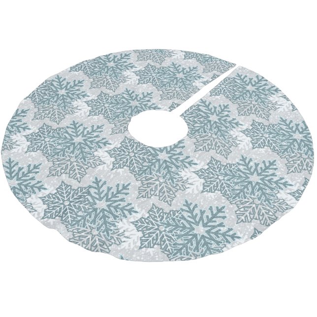 Teal Glitter Snowflakes Brushed Polyester Tree Skirt (Angled)