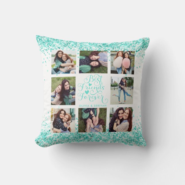Teal Glitter Sparkle Best Friends Photo Collage Throw Pillow (Front)