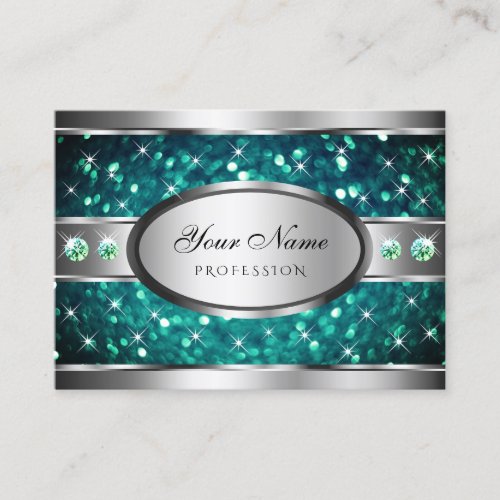 Teal Glitter Sparkle Rhinestones Silver Oval Frame Business Card