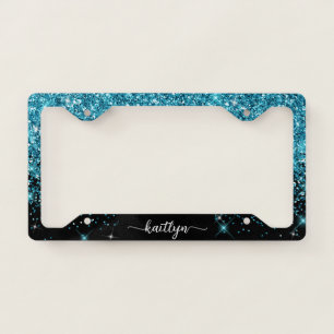Teal Glitter Sparkle Script Monogram License Plate Frame