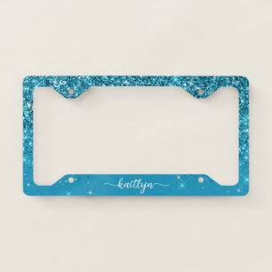 Teal Glitter Sparkle Script Monogram License Plate Frame