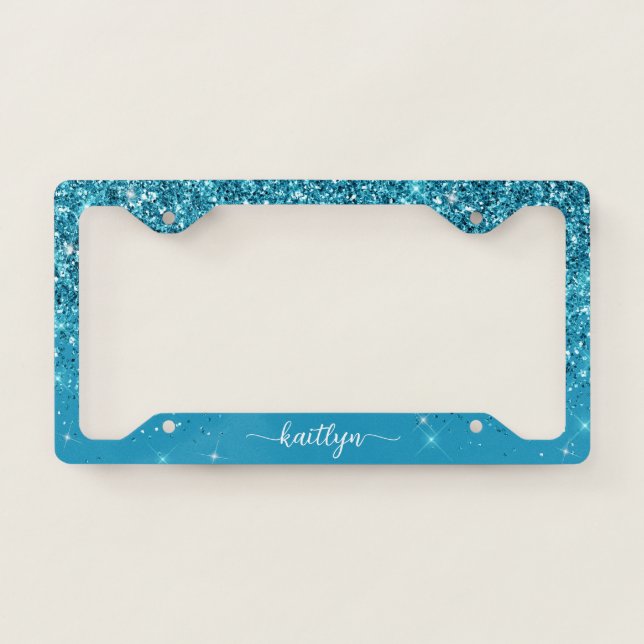 Teal Glitter Sparkle Script Monogram License Plate Frame (Front)